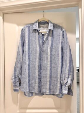 Frank & Eileen Light and Mid Blue Vertical Stripe Linen “Eileen” Shirt Size L